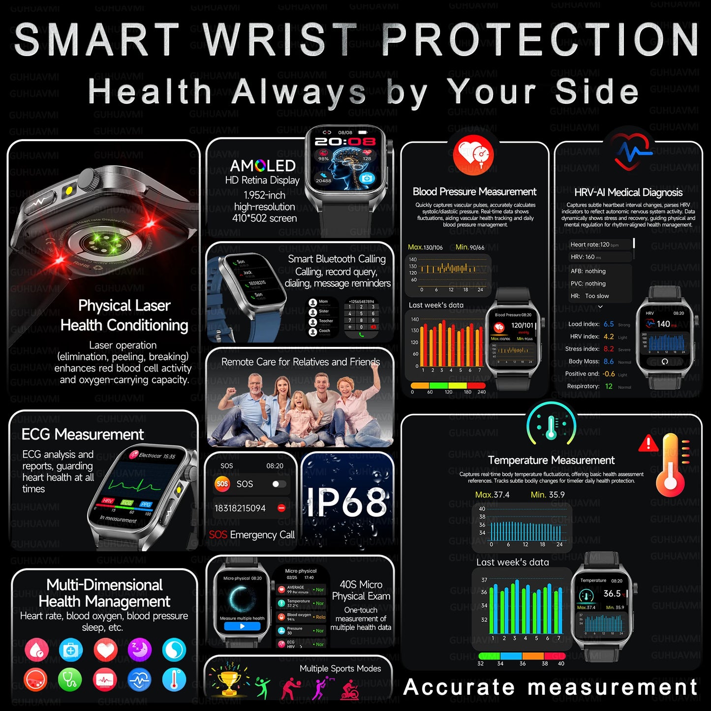 2026New Health Smartwatch 650nm Laser Therapy Men ECG Blood Pressure Lipid Uric Acid Bluetooth Call For Android IOS Smart Watch