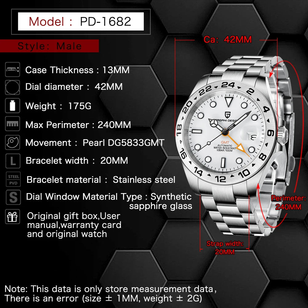 PAGANI DESIGN PD1682 GMT Automatic Mechanical Watch Stainless Steel 100M