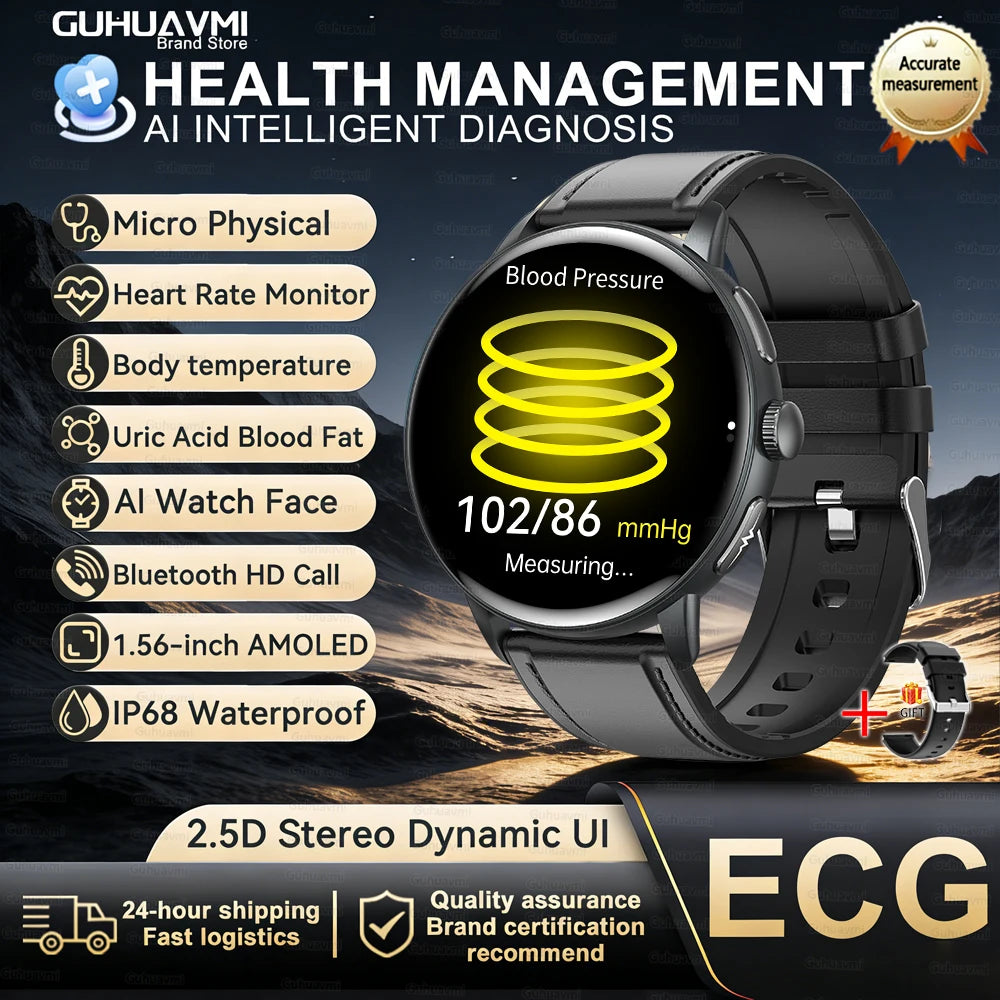 New AI-GPT Health Smart Watch AMOLED ECG Bluetooth Call Uric Acid Blood Lipids One-Click Micro Examination Men Women Smart Watch
