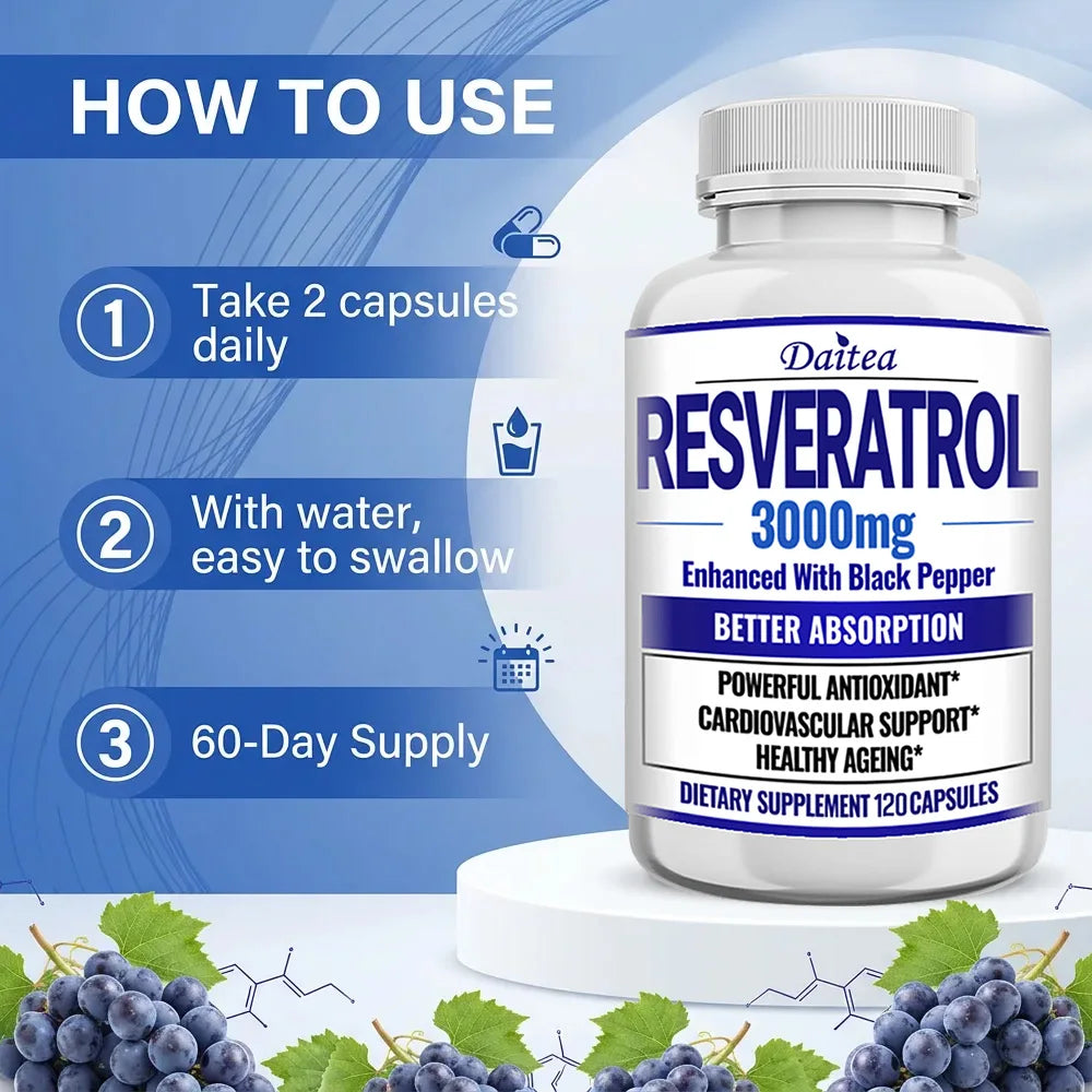 Resveratrol 3000mg Capsules, Maximum Strength Antioxidant, Supports Heart, Brain, Immune, Joint Health & Anti-Aging, Gluten-Free