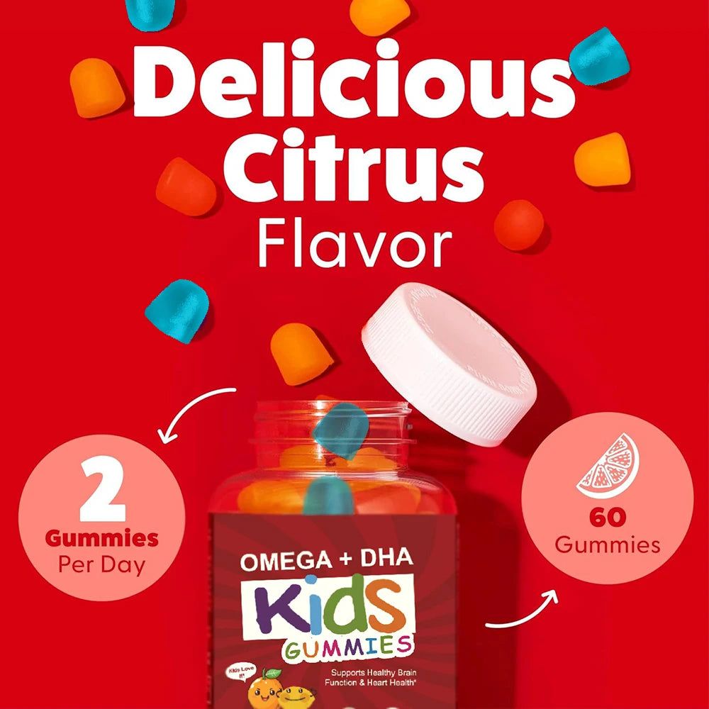OMEGA + DHA Gummies for Kids, with Omega 3 6 9 + DHA, Vitamin C - Healthy Brain Function, Vision & Heart Health, Vegetarian