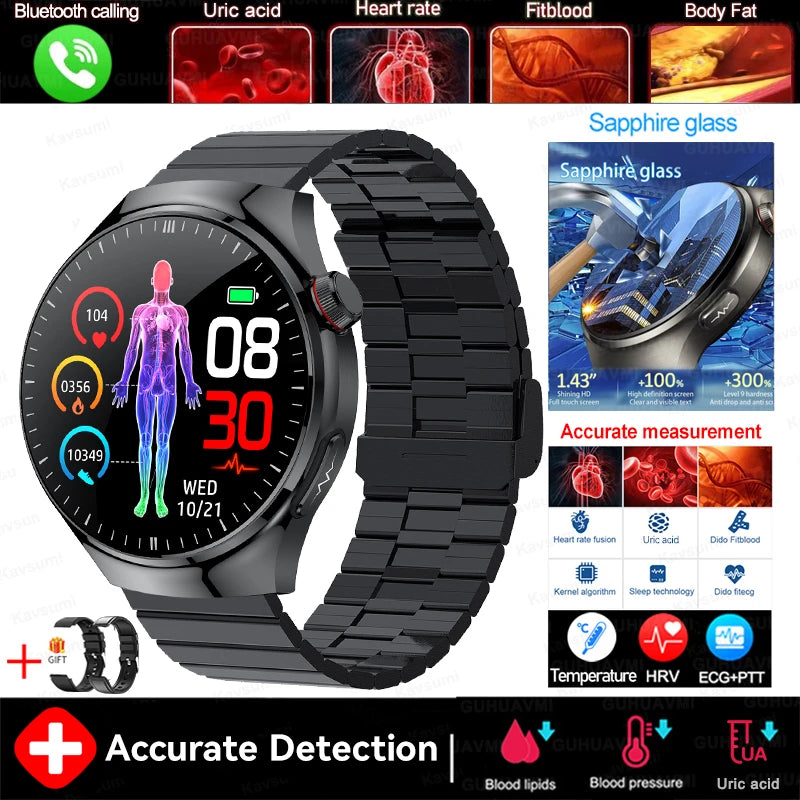 2025 New GUHUAVMI Accurate Blood Lipid Uric Acid Smart Watch Men Women ECG+PPG Blood pressure Bluetooth call Health Smartwatches