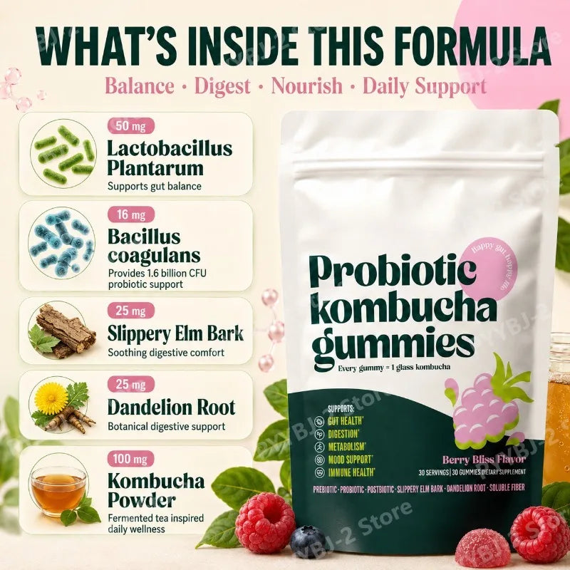 Probiotic Kombucha Gummies Help Digestive Health,Enhance Immunity and Improve Mood — Slippery Elm Bark & Dandelion Root 30 Count