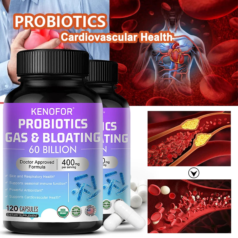 60 Billion CFU Multi-Strain Probiotic Capsules - Prebiotics + Digestive Enzymes, Gut Health & Immune Support, 30/60/120 Counts