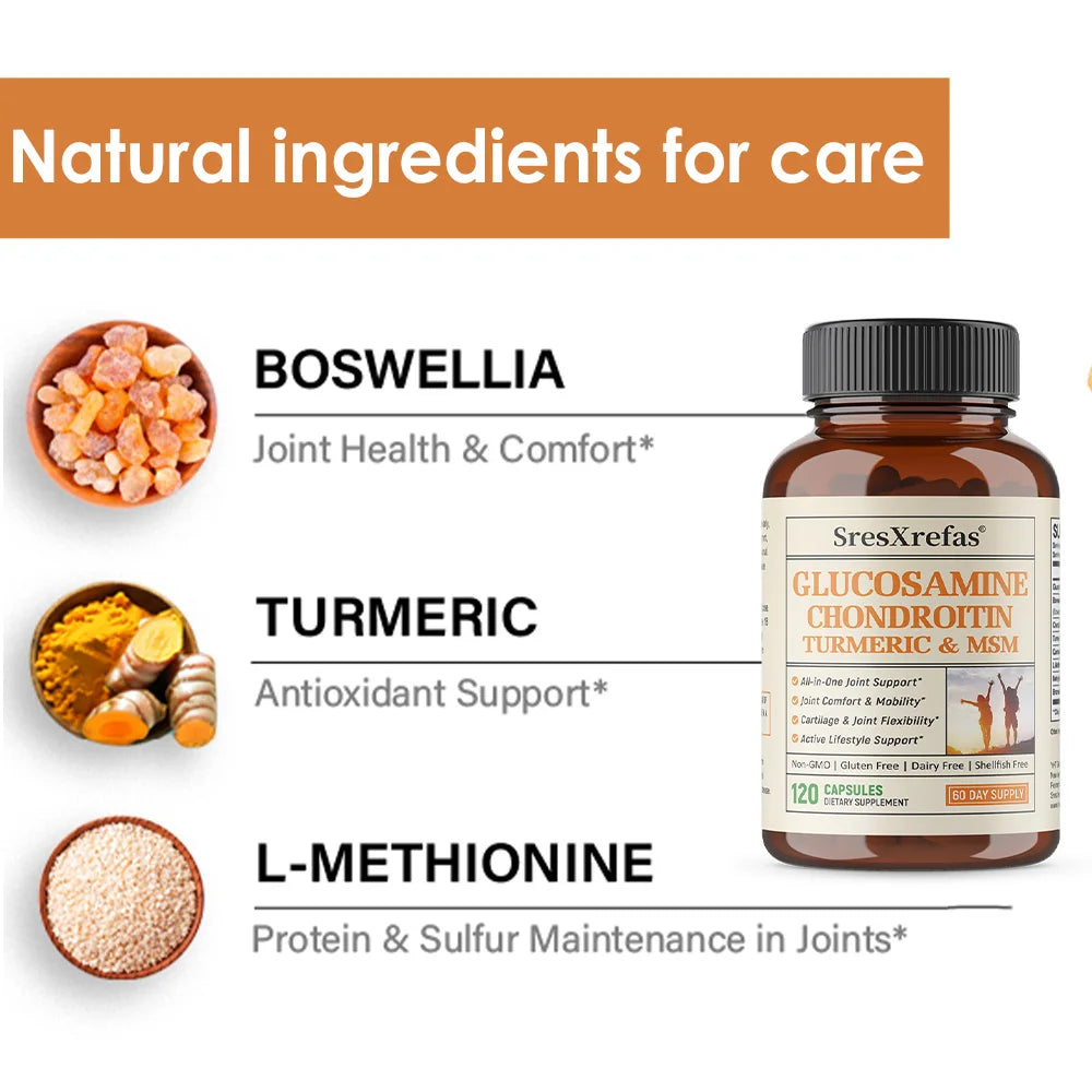 Glucosamine Chondroitin MSM Turmeric Capsules, Supports Hips, Knees, Joint, Bone, Cartilage Health & Mobility, Flexibility