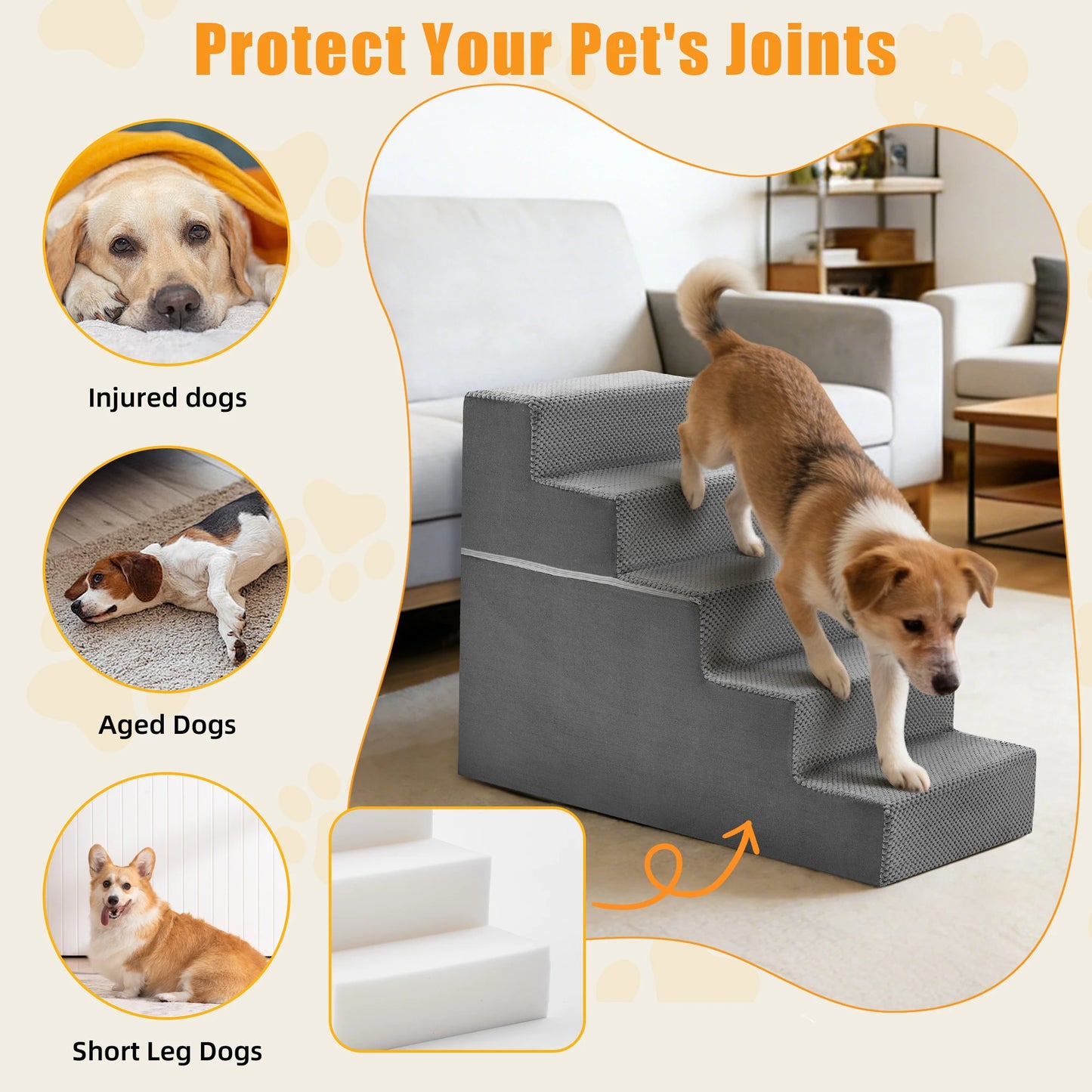 3 To 5 Step Right Angled Foam Dog Stairs Ramp For Small Dogs