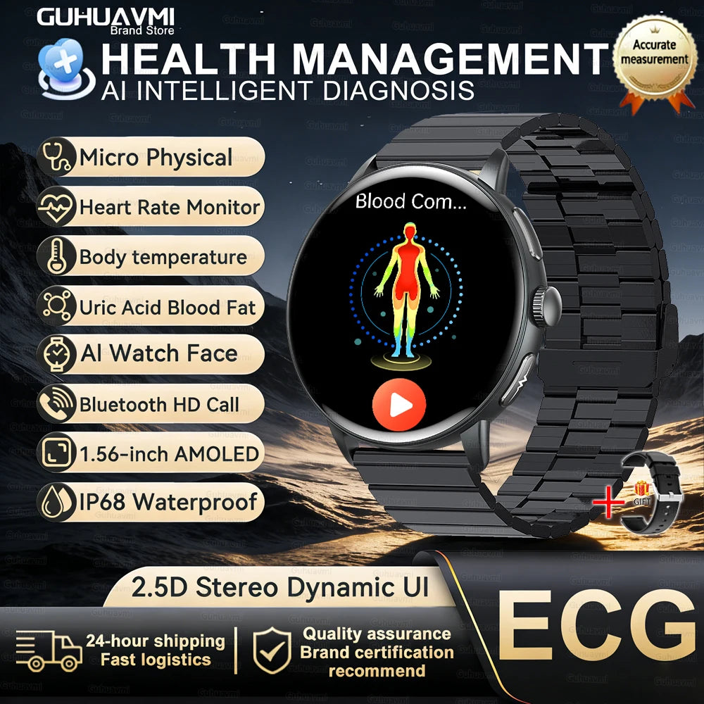 New AI-GPT Health Smart Watch AMOLED ECG Bluetooth Call Uric Acid Blood Lipids One-Click Micro Examination Men Women Smart Watch