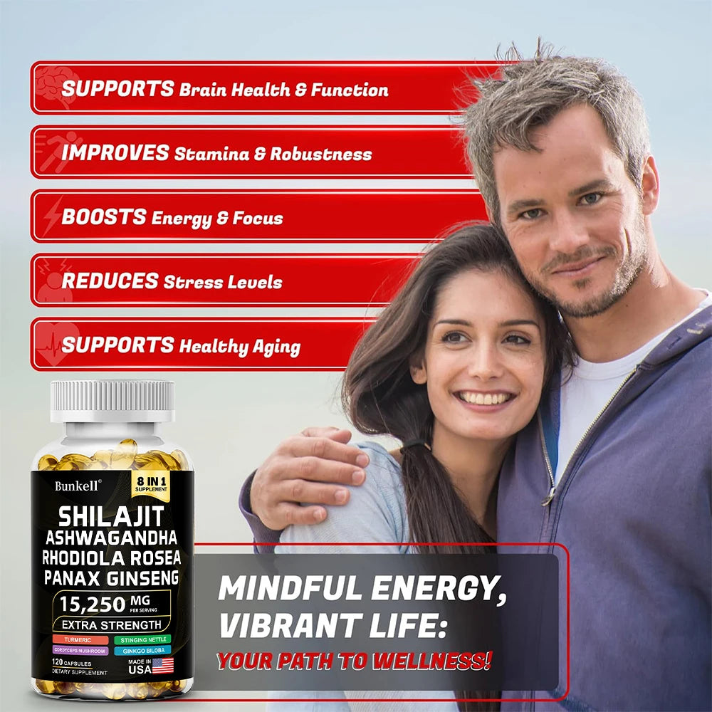 15250mg Shilajit Capsules 8-in-1 with Ashwagandha Ginseng Rhodiola Turmeric - Energy Brain Muscle Joint Health Immune Support