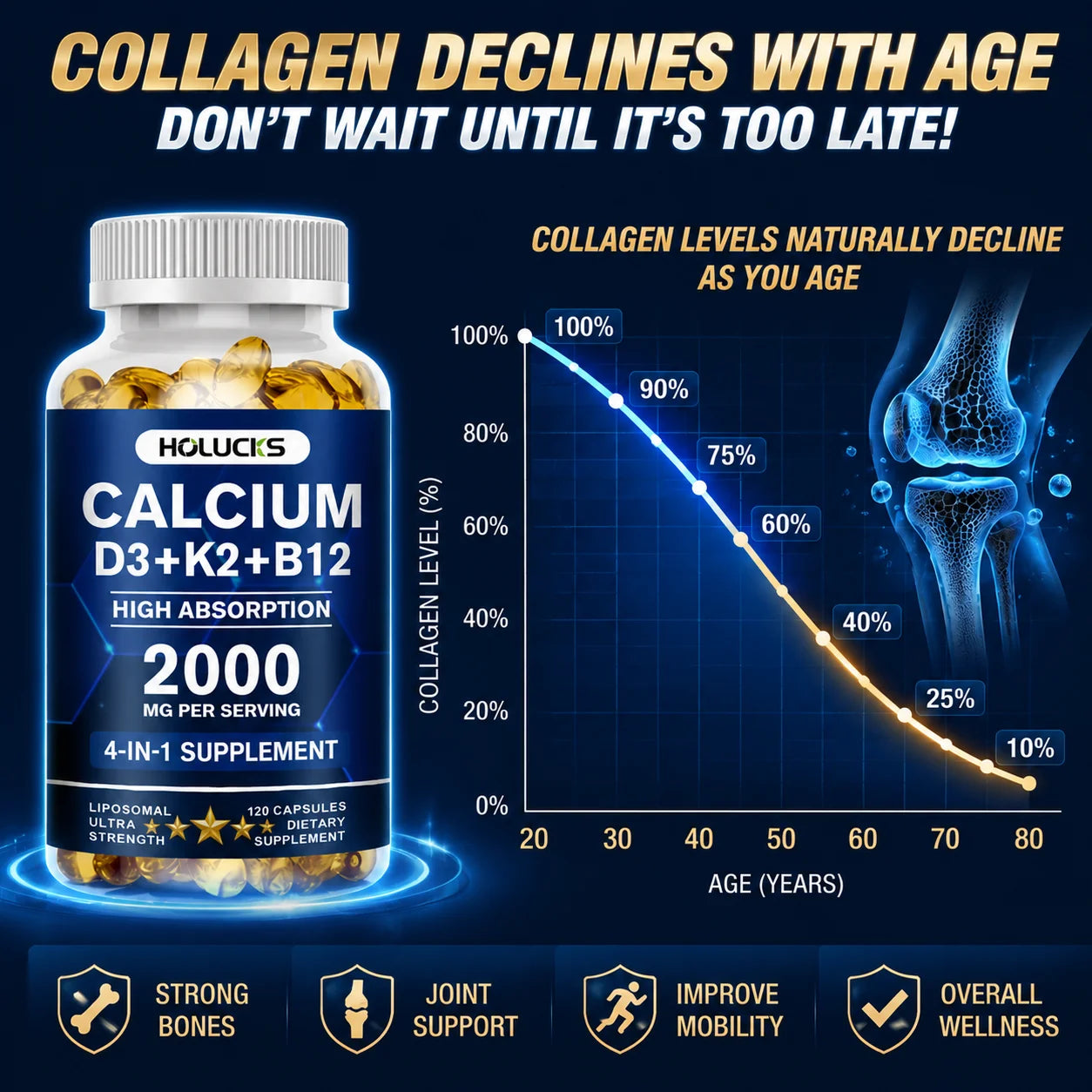 Calcium Supplements, with Vitamin D3 K2, Strong Bone Teeth Joints, Support Heart & Brain Health, for Immune System
