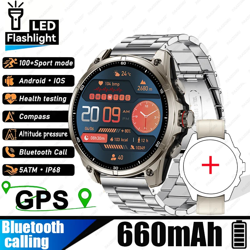 New Smart Watch GPS Sports Compass Altitude Air Pressure Blue Tooth Call 3ATM Waterproof Health AMOLED Screen Smartwatch 660 mAh