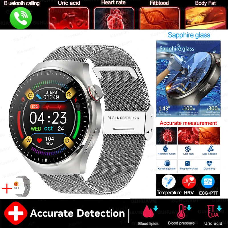 2025 New GUHUAVMI Accurate Blood Lipid Uric Acid Smart Watch Men Women ECG+PPG Blood pressure Bluetooth call Health Smartwatches