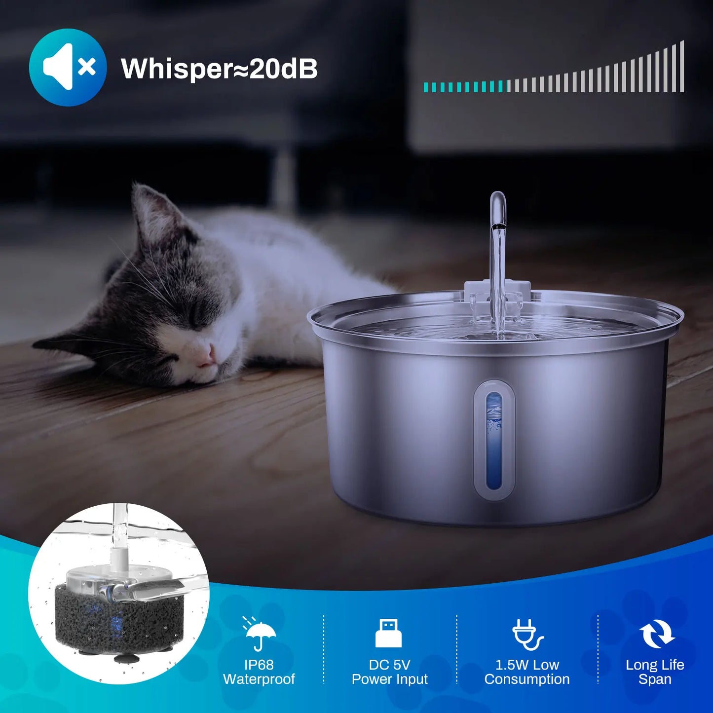 Cat Stainless Steel Water Fountain With Quiet Pump Filtration