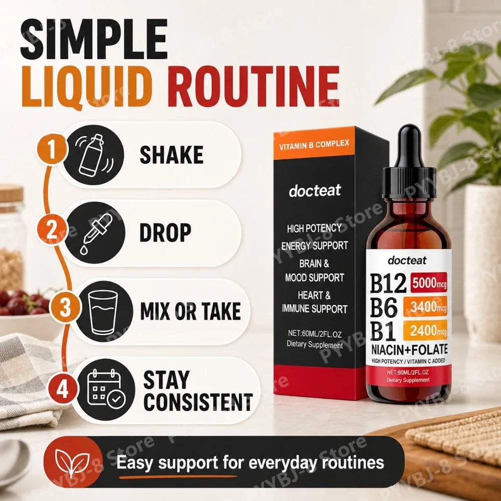 VitaminB Complex Liquid Supplement 60ml with VitaminB1/B6/B12 Support Energy Generation Supplementation and Immune System Health