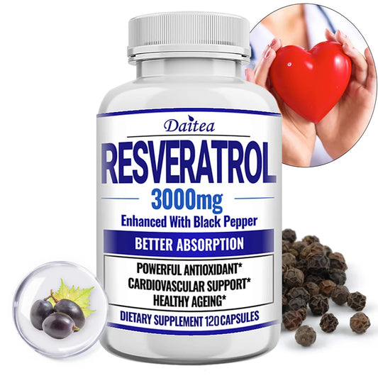 Resveratrol 3000mg Capsules, Maximum Strength Antioxidant, Supports Heart, Brain, Immune, Joint Health & Anti-Aging, Gluten-Free