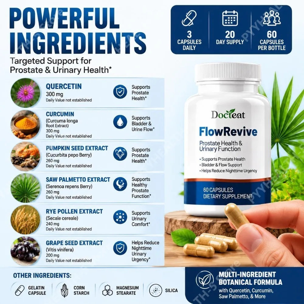 Docteat FlowRevive Prostate Health & Urinary Function Capsules Supports Prostate and Bladder Flow with Quercetin 60 Capsules