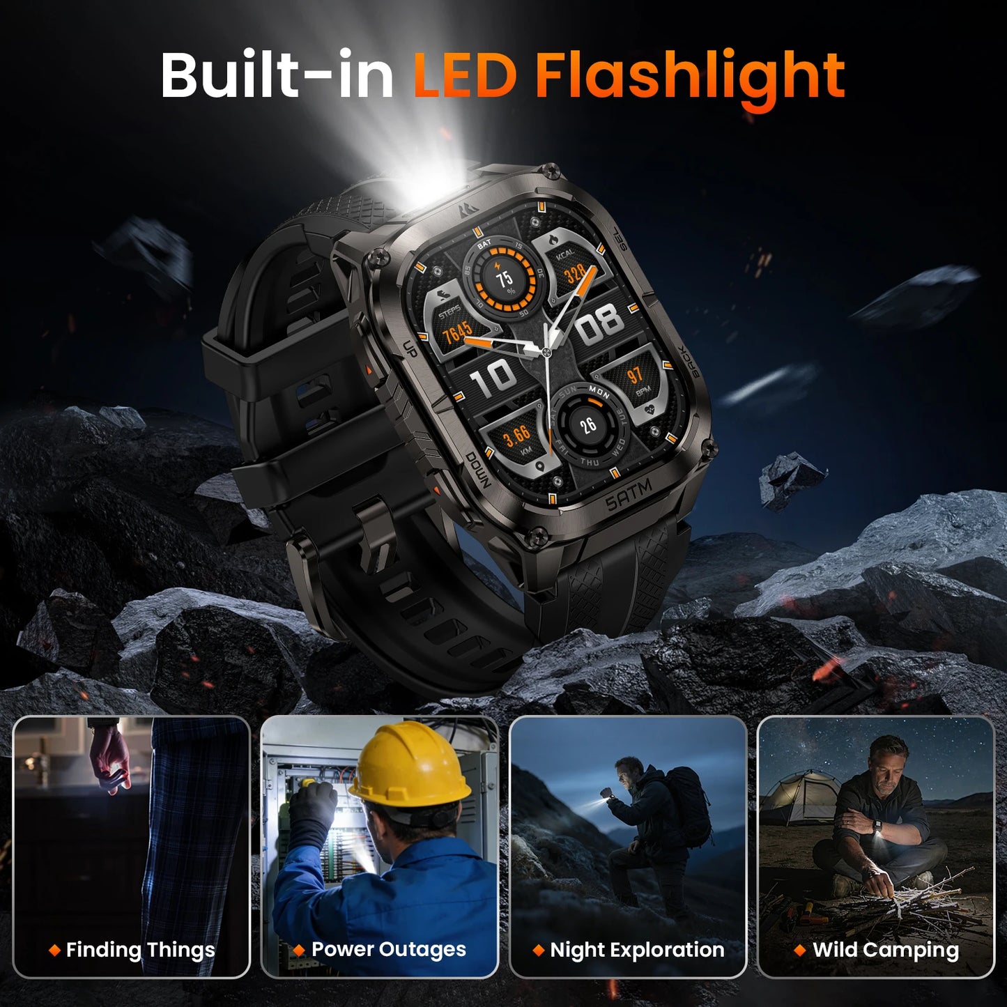 KOSPET TANK M4C Advanced GPS Smartwatch for Men MIL-STD-810H Tough 5ATM Waterproof Integrated Flashlight & Health Tracking