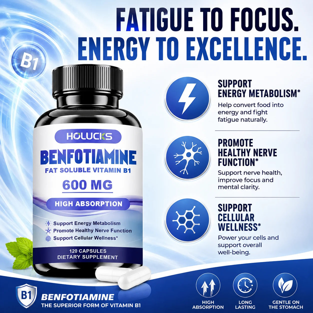 Benfotiamine Capsules, Help Maintain Healthy Glucose Metabolism, Support Nerve Health, Cellular Protection, Antioxidant Defense