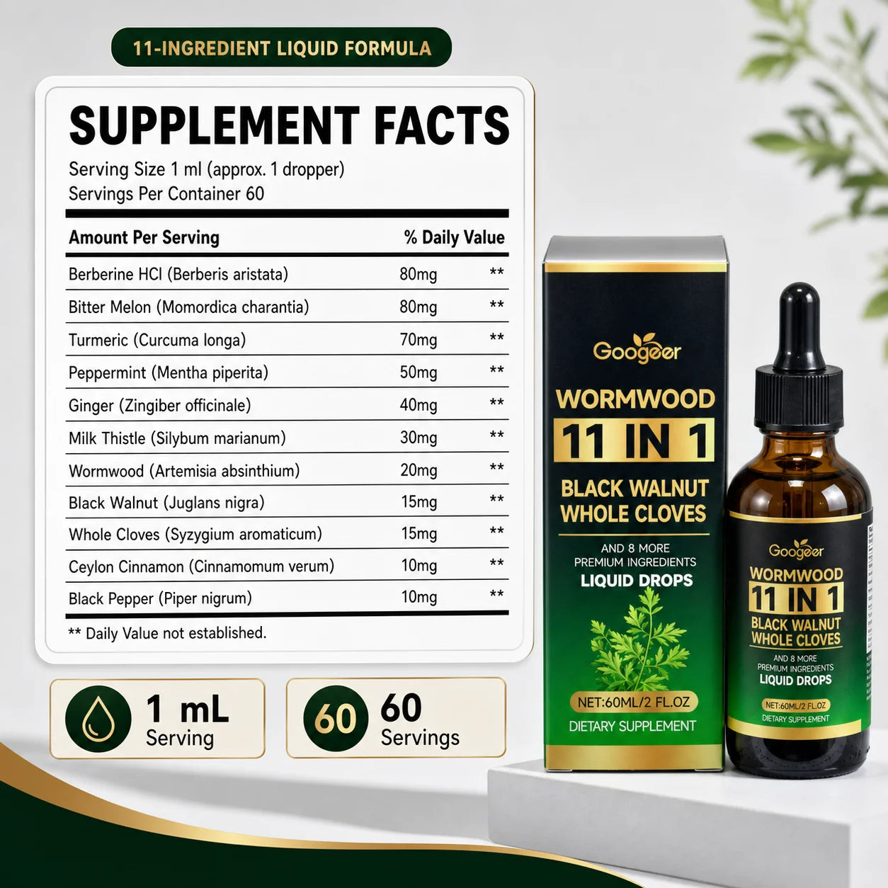 Wormwood 11 in 1 Liquid Drops - Black Walnut & Whole Cloves with Berberine, Turmeric for Gut Health & Digestive Support, 60ml