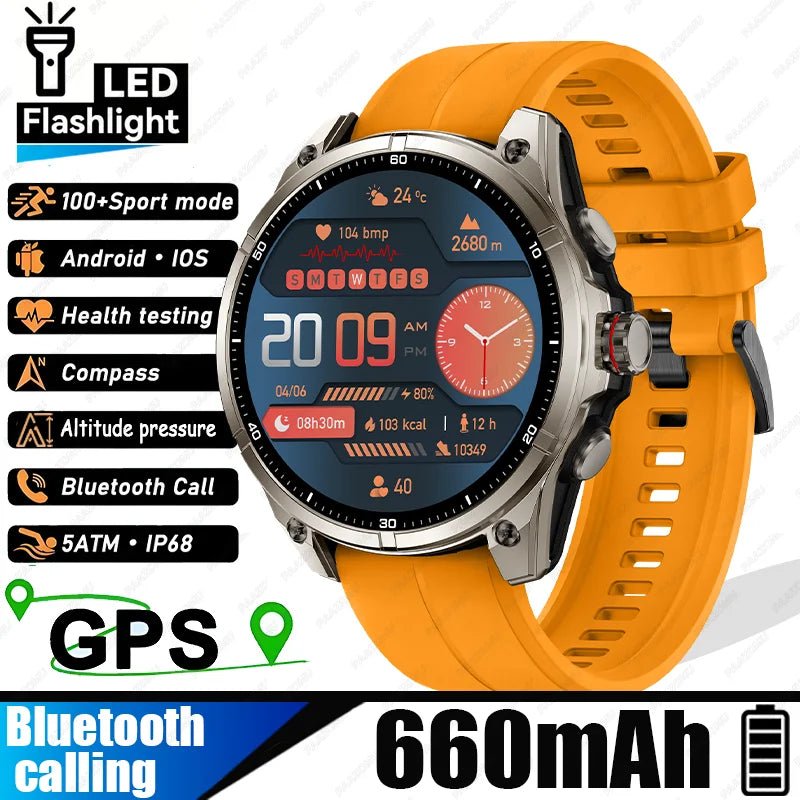 New Smart Watch GPS Sports Compass Altitude Air Pressure Blue Tooth Call 3ATM Waterproof Health AMOLED Screen Smartwatch 660 mAh