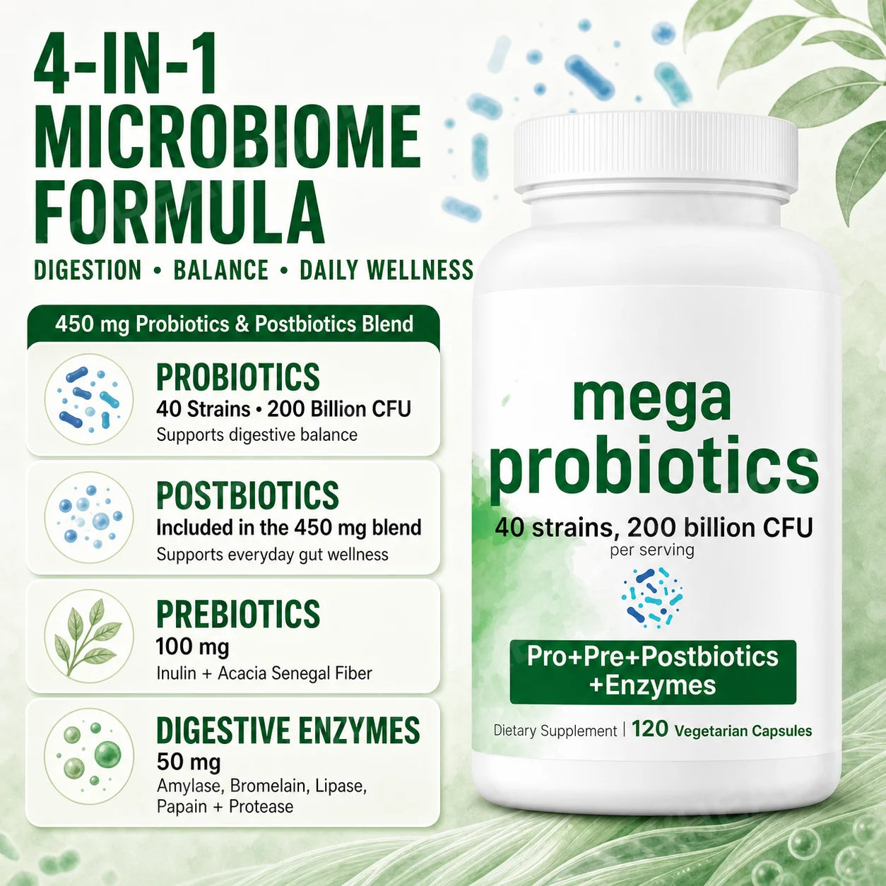Probiotics Capsules 200 Billion CFU 40 Strains Prebiotics Digestive Enzymes Gut Health Supplement 120 Veg Capsules Men Women