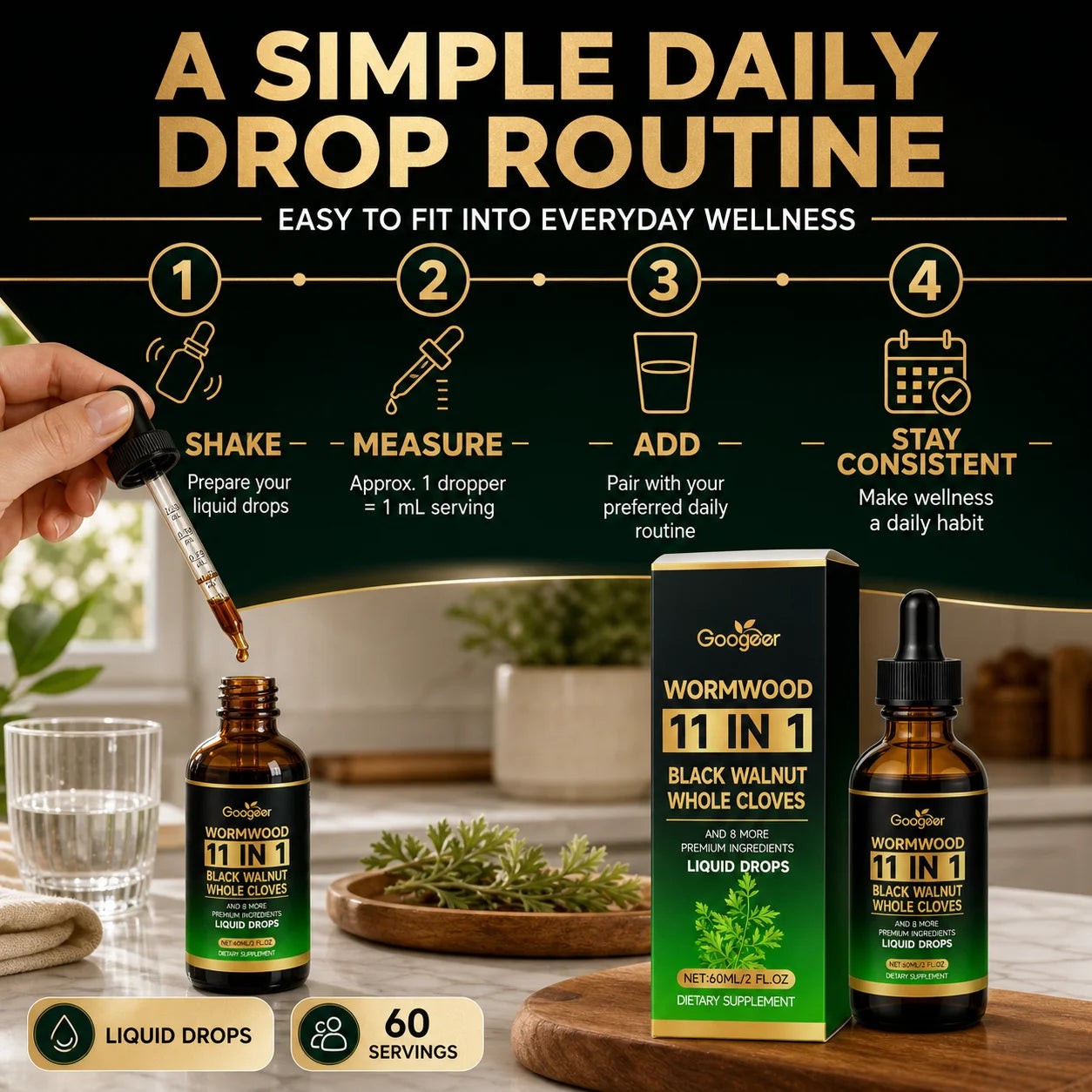 Wormwood 11 in 1 Liquid Drops - Black Walnut & Whole Cloves with Berberine, Turmeric for Gut Health & Digestive Support, 60ml