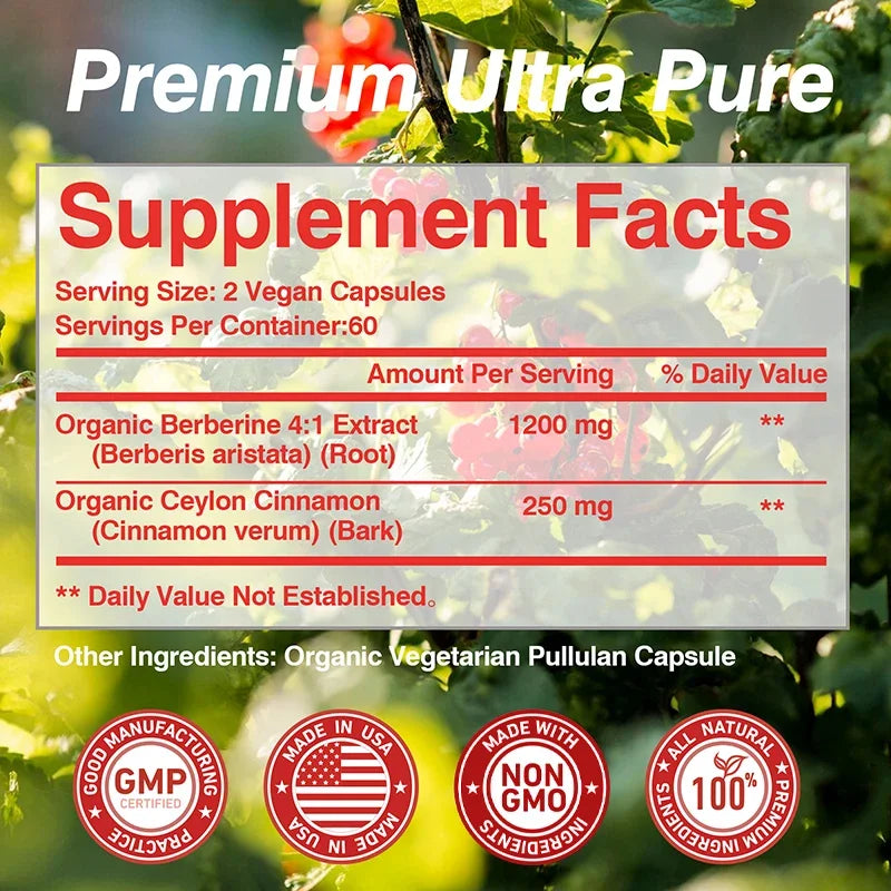 Berberine Capsules - with Ceylon Cinnamon - Blood Sugar Balance, Cardiovascular Health, Aid Digestion, Promote MetabolismSupplem
