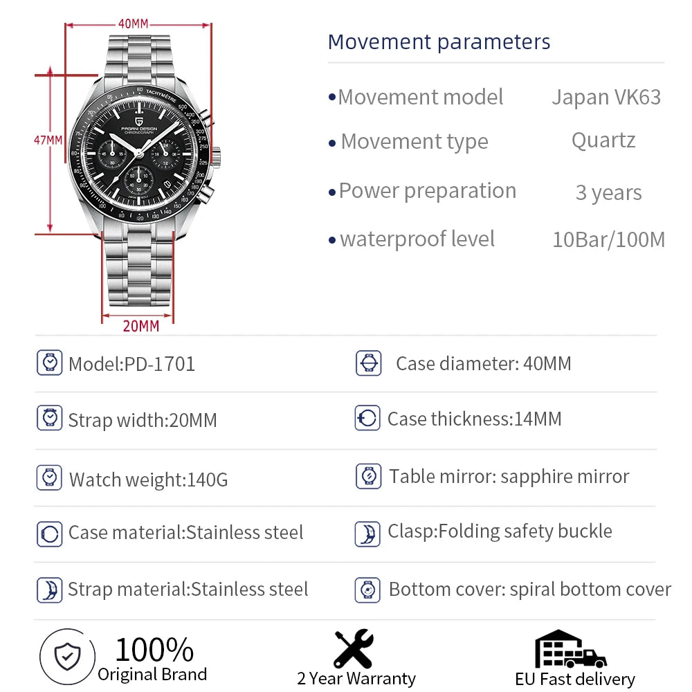 PAGANI DESIGN Luxury Quartz Chronograph Watch With Auto Date Sapphire