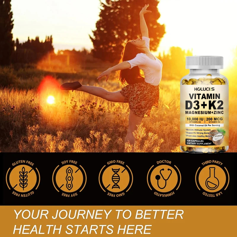 Vitamin D3 K2 Magnesium Zinc Complex, with Coconut Oil Support Nerve, Muscle, Heart, Bone and Dental Health, for Immune System