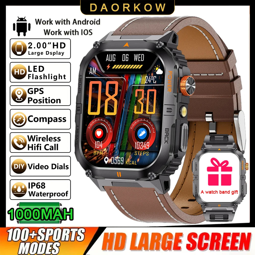 Outdoor Sport Smart Watch 2.00" 3ATM Waterproof LED Flashlight Answer Call 1000mAH Big Battery Health Fitness Tracker Smartwatch