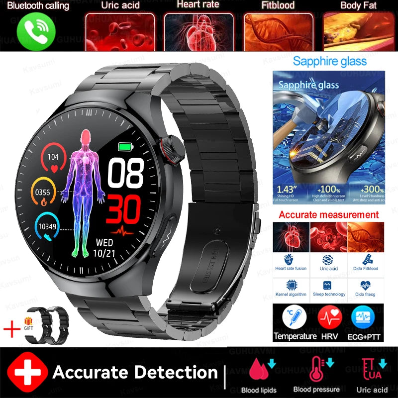 2025 New GUHUAVMI Accurate Blood Lipid Uric Acid Smart Watch Men Women ECG+PPG Blood pressure Bluetooth call Health Smartwatches