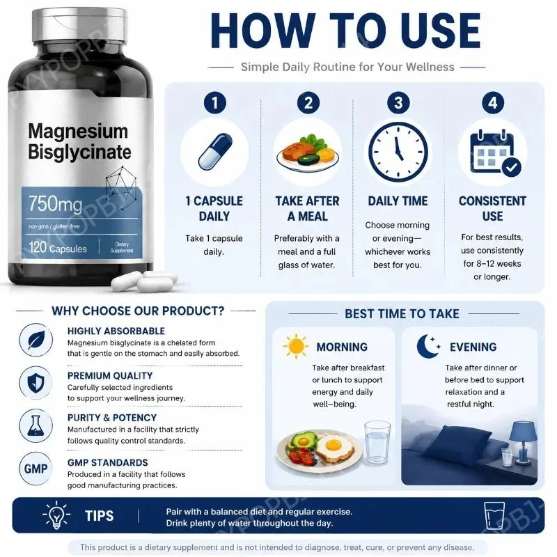Magnesium Bisglycinate 750mg Capsules Supports Relaxation Muscle Comfort Bone Health 120 Capsules Non GMO Gluten Free