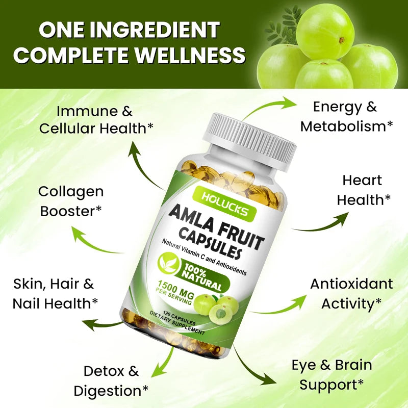 HOLUCKS Amla Capsules, with Organic Amla, Immune & Cellular Energy Support, Rejuvenation, Antioxidant, for Detox & Digestion