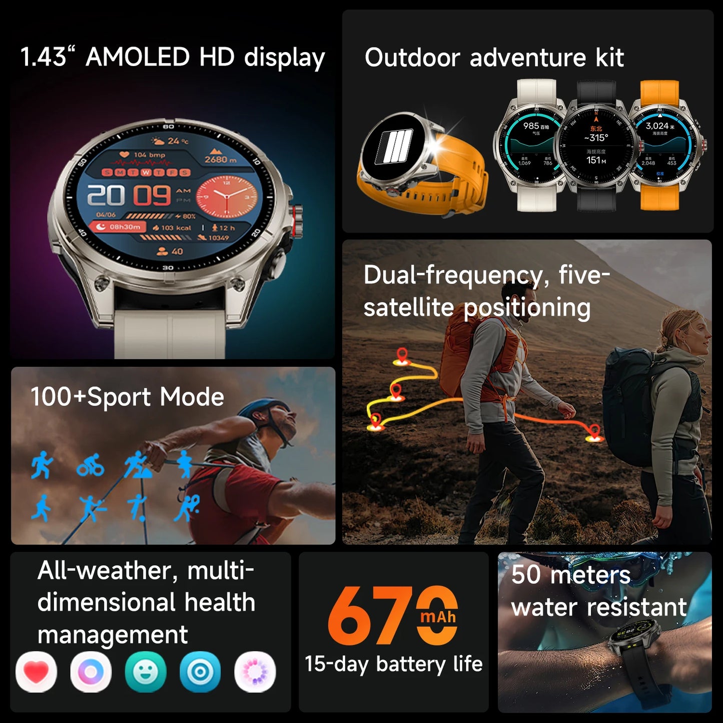 New Smart Watch GPS Sports Compass Altitude Air Pressure Blue Tooth Call 3ATM Waterproof Health AMOLED Screen Smartwatch 660 mAh