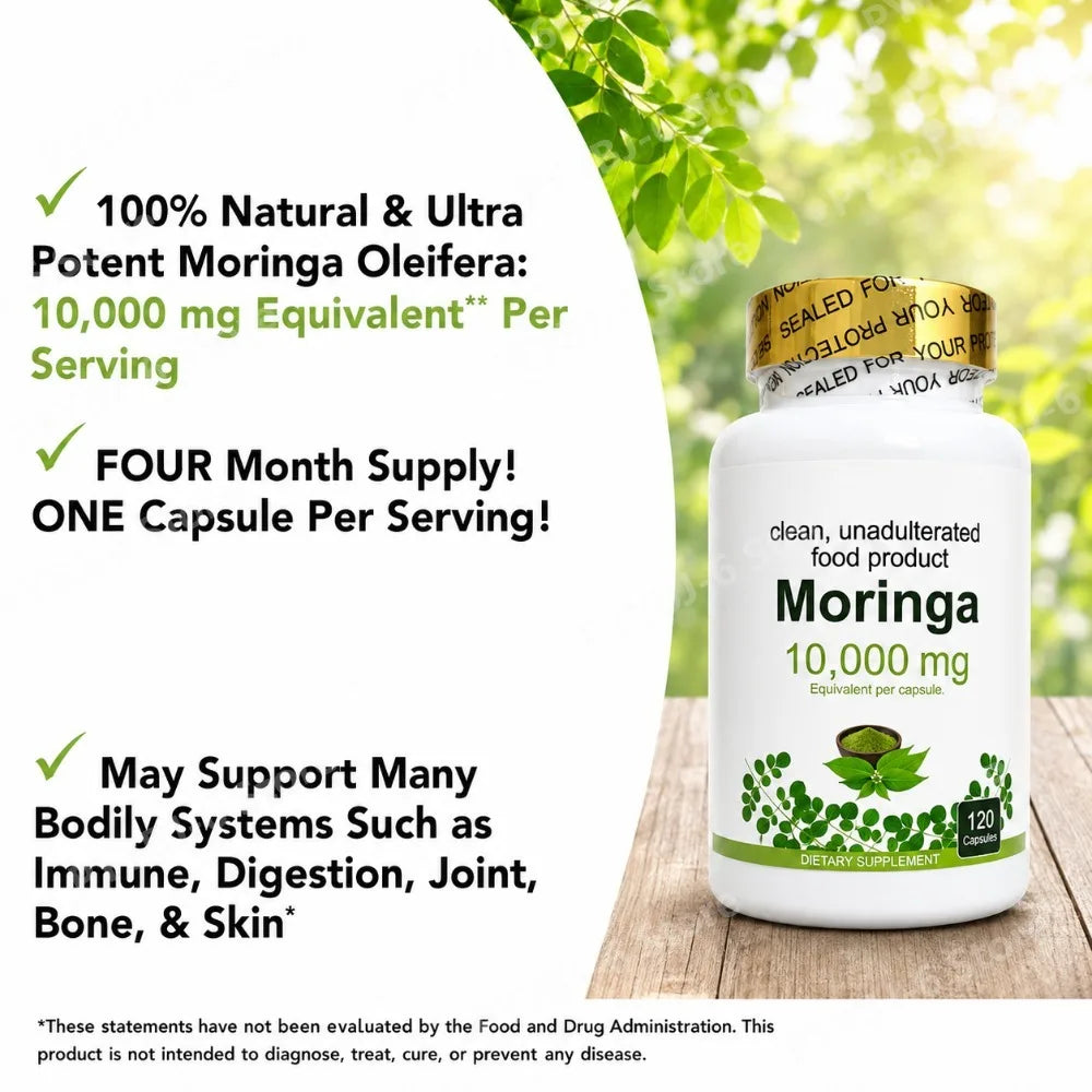 Moringa Capsules120 Count High Potency Moringa Leaf Extract Supplement Supports Energy Vitality Antioxidant & Immune Health