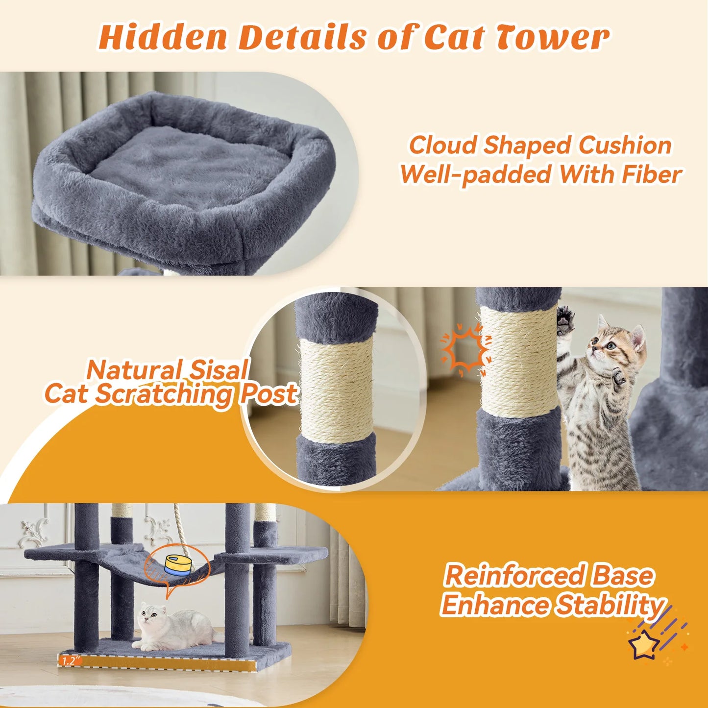 MCQ Cat Tree Tower With Natural Sisal Scratching Posts For Indoor Cats