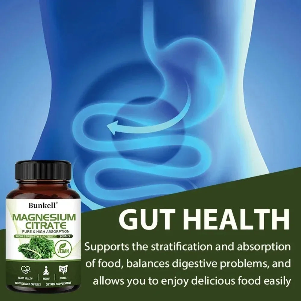 Magnesium Citrate Capsules 200 Mg - Maximum Absorption for Muscle, Nerve, Bone and Heart Health Gluten Free, Non-GMO