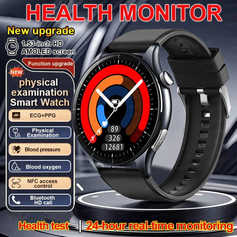 New Smart Watch for Men 1.43 inch Amoeld Screen Physical Examination Blood oxygen Pressure Fat Call Health ECG+PPG Smartwatch
