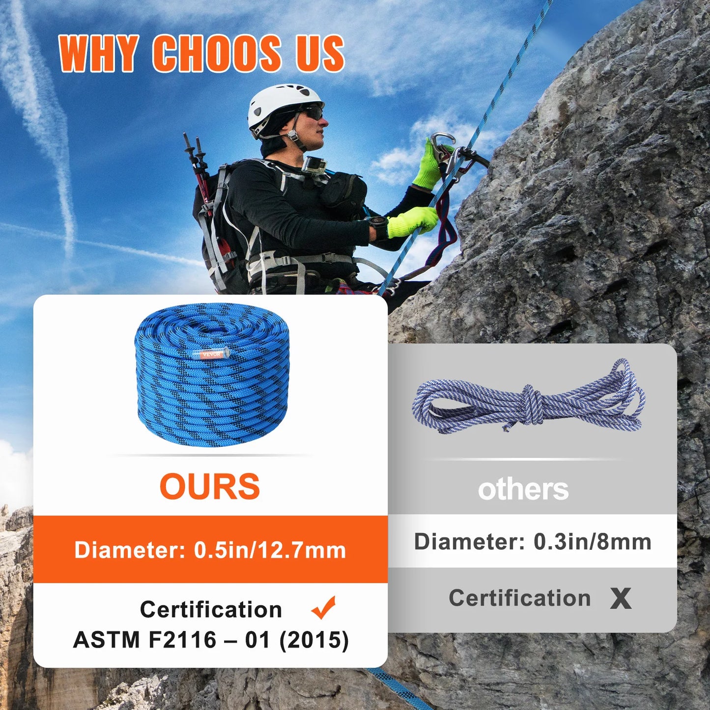 VEVOR 12.7mm Static Climbing Rope 30kN Breaking Strength