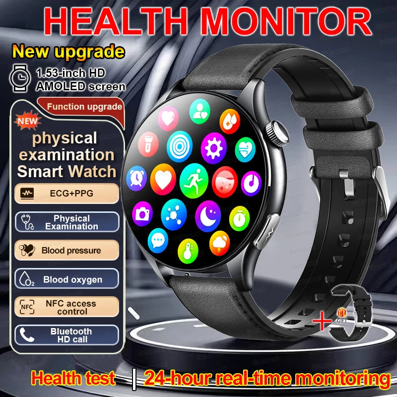 New Smart Watch for Men 1.43 inch Amoeld Screen Physical Examination Blood oxygen Pressure Fat Call Health ECG+PPG Smartwatch