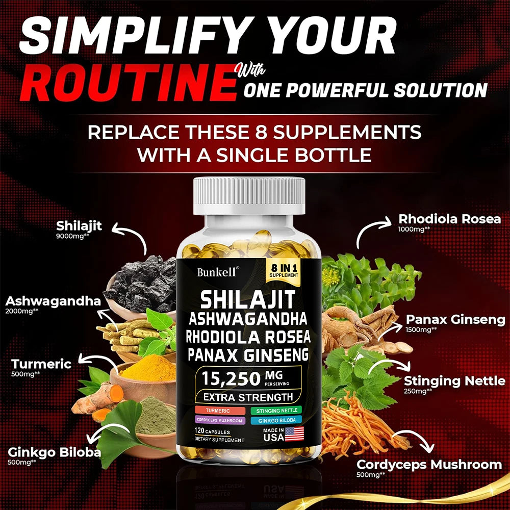 15250mg Shilajit Capsules 8-in-1 with Ashwagandha Ginseng Rhodiola Turmeric - Energy Brain Muscle Joint Health Immune Support