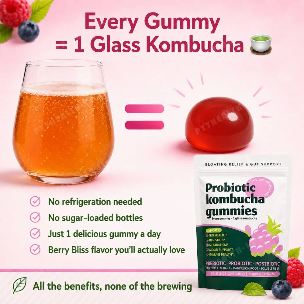 Probiotic Kombucha Gummies Every Gummy 1 Glass Kombucha Prebiotic Postbiotic Digestive Gut Health Vegan Berry Bliss 30 Gummies