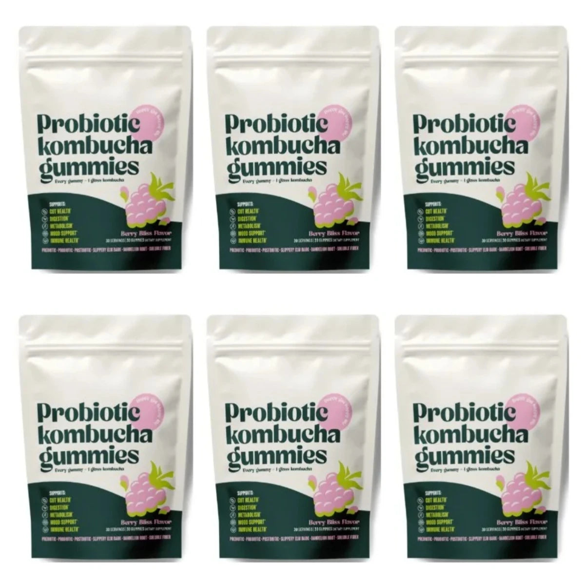 Probiotic Kombucha Gummies Help Digestive Health,Enhance Immunity and Improve Mood — Slippery Elm Bark & Dandelion Root 30 Count