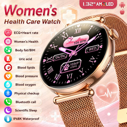 2026 New Women's Health Care Smartwatch ECG Blood Pressure Uric Acid Blood Lipids Sports IP68K Bluetooth call Fashion Smartwatch