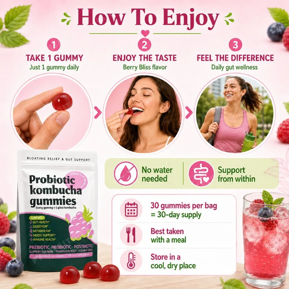 Probiotic Kombucha Gummies Every Gummy 1 Glass Kombucha Prebiotic Postbiotic Digestive Gut Health Vegan Berry Bliss 30 Gummies