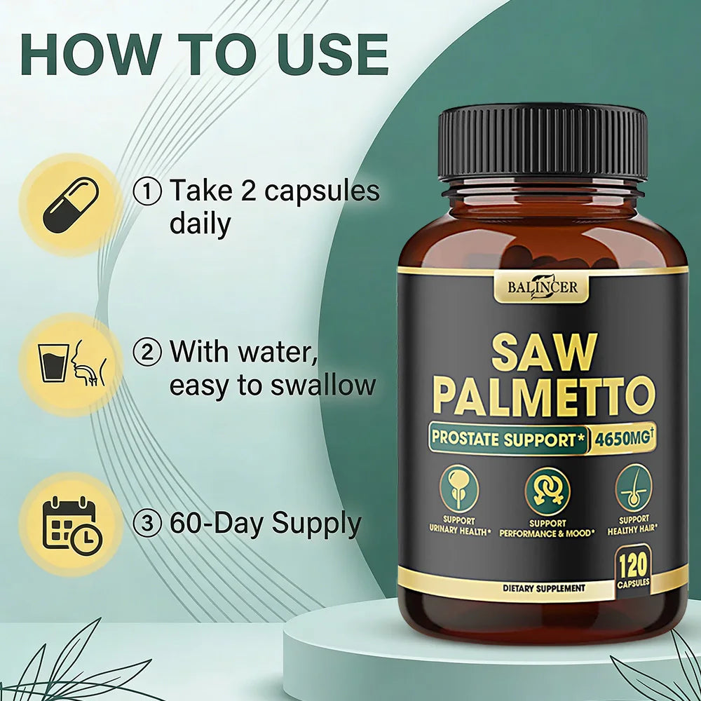 Saw Palmetto Capsules, Prostate Health Support, Reduce Hair Loss & Thinning, Balances Male Hormones, Urinary Tract Care