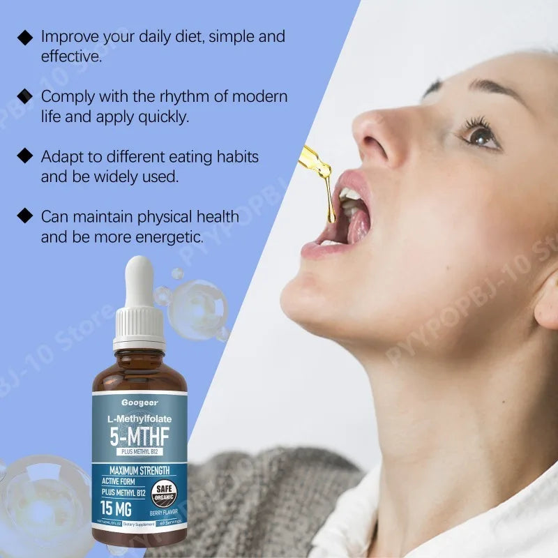 L-Methylfolate 5-MTHF Liquid Drops with Methyl B12 - Active Form Folate Supplement for Homocysteine Health - 60 Servings