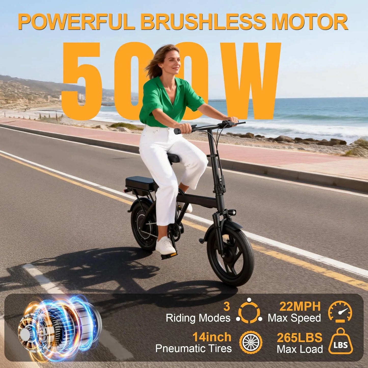 Ladped Foldable Electric Bike 500W 48V Two Seat 22 MPH E Bike