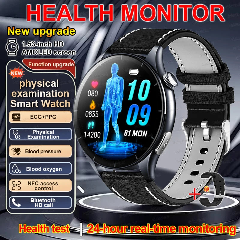 New Smart Watch for Men 1.43 inch Amoeld Screen Physical Examination Blood oxygen Pressure Fat Call Health ECG+PPG Smartwatch