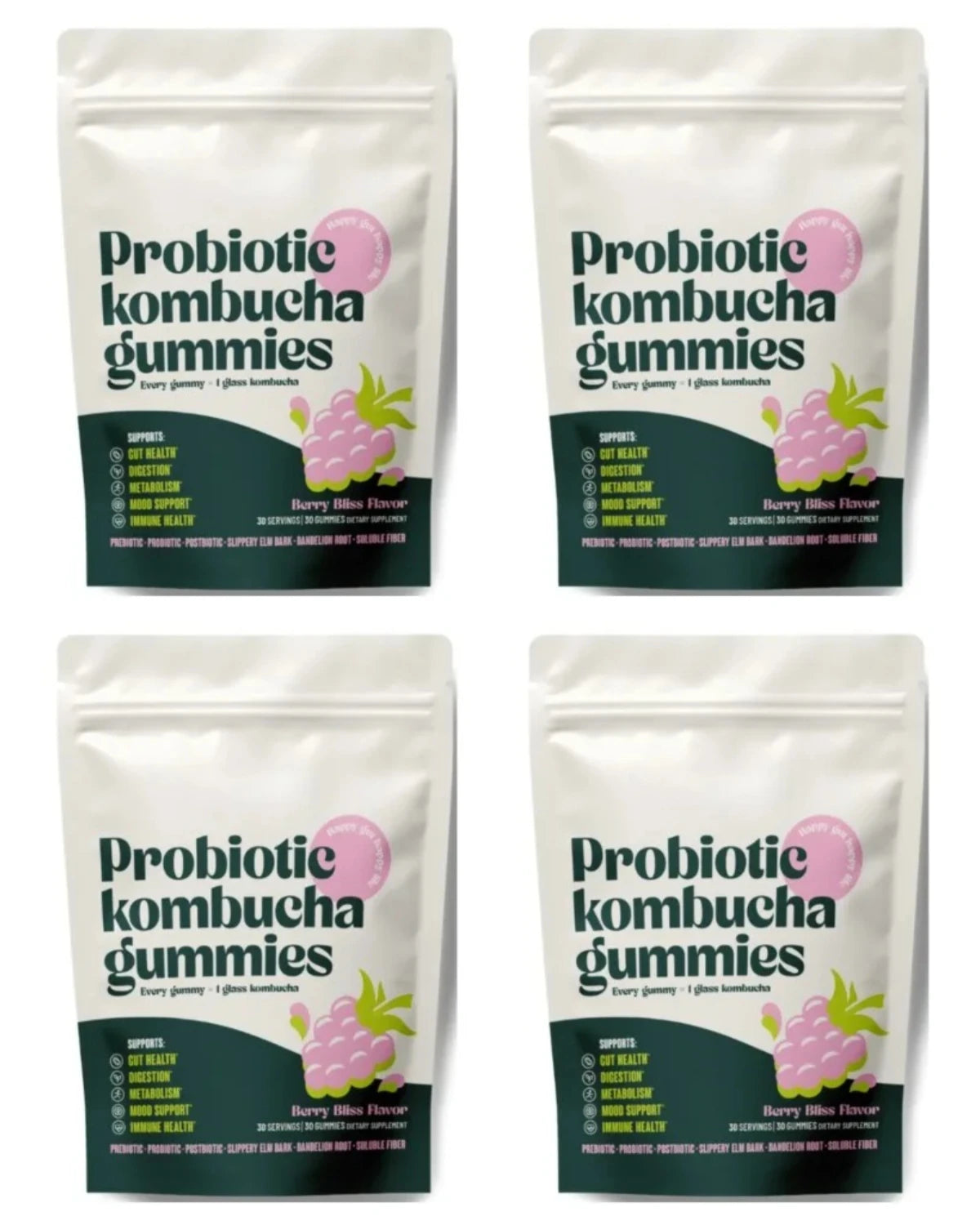 Probiotic Kombucha Gummies Help Digestive Health,Enhance Immunity and Improve Mood — Slippery Elm Bark & Dandelion Root 30 Count