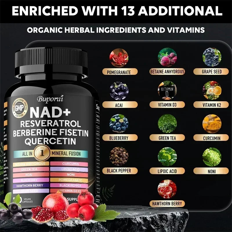 NAD+ Resveratrol Berberine - Contains Liposomal NAD+, Trans-resveratrol, Supports Healthy Aging, Cellular Health & Endurance